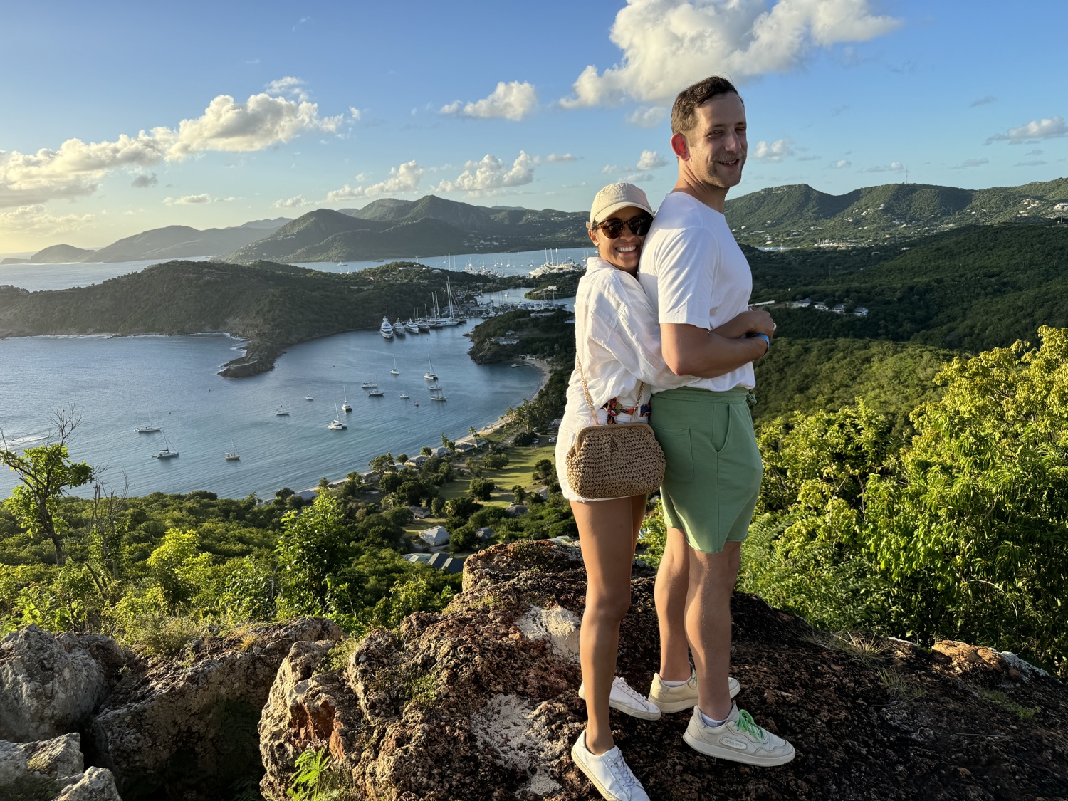 Salma and Eric above a harbor in Antigua